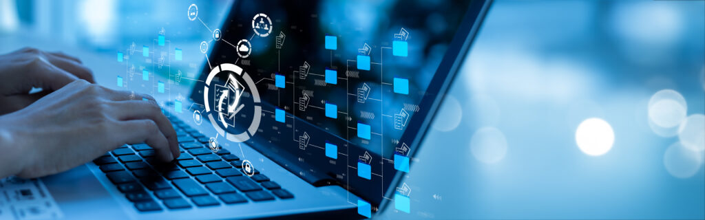 Businesswoman Using laptop to document management concept, online documentation database and digital file storage system or software, records keeping, database technology, file access, doc sharing